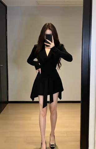 Đầm xòe dài tay buộc nơ eo dáng mini