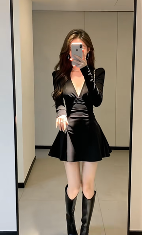 Đầm xòe dài tay cổ V dáng mini