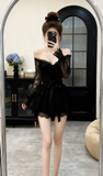 Đầm xòe trễ vai phối ren dáng mini