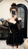 Đầm xòe trễ vai phối ren dáng mini