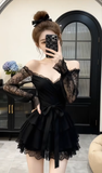 Đầm xòe trễ vai phối ren dáng mini