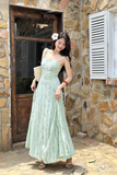 Đầm xòe ren xanh hai dây dáng midi