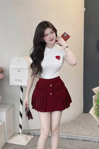 Set áo thun ôm tay ngắn phối chân váy xòe xếp ly dáng mini