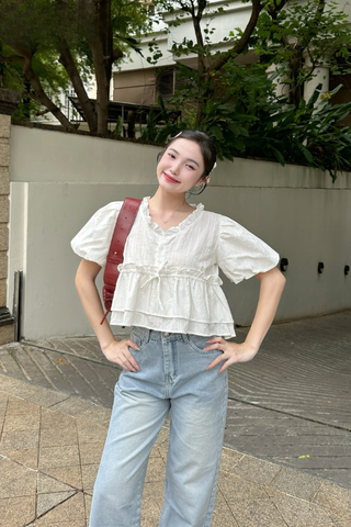 Áo croptop form rộng tay bí trắng