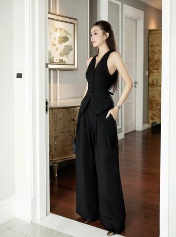 Set áo gile quần culottes xếp ly ống rộng