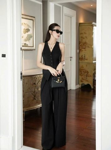 Set áo gile quần culottes xếp ly ống rộng