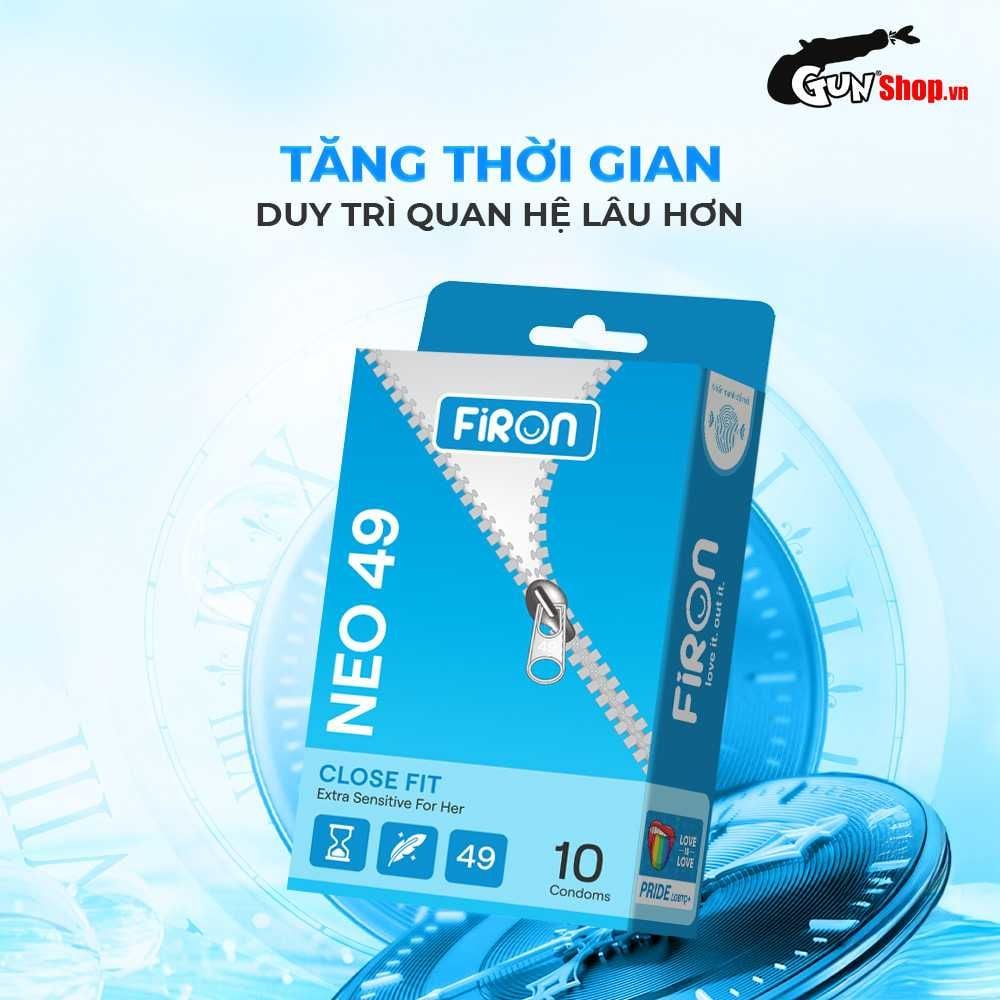 Bao cao su Firon Neo 49 - Size 49mm, siêu mỏng, kéo dài thời gian - Hộp 3 cái