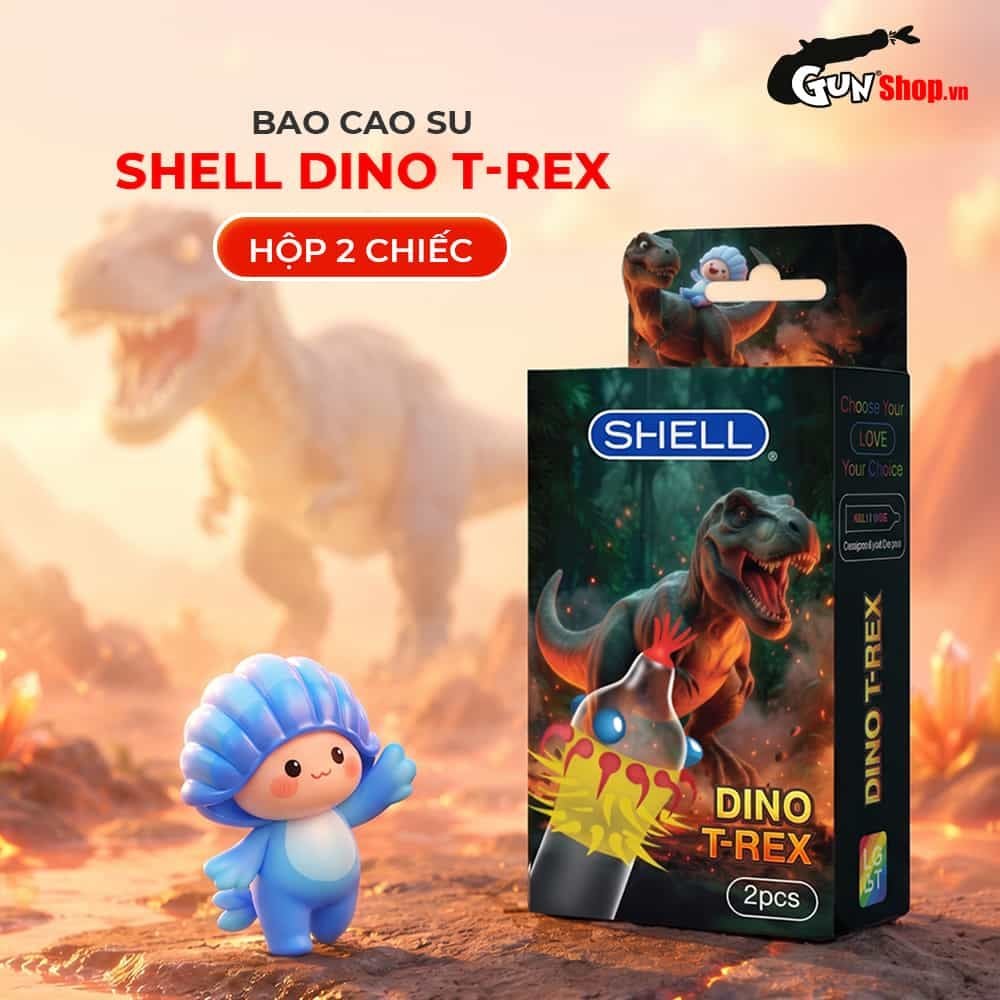 Bao cao su Shell Dino T-rex - Hộp 1 bao nhiều vòng gai, bi nổi lớn + 1 bao Shell Performax (Hộp 2 cái)