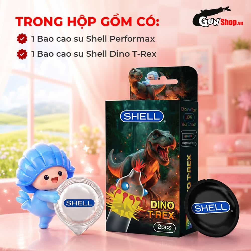 Bao cao su Shell Dino T-rex - Hộp 1 bao nhiều vòng gai, bi nổi lớn + 1 bao Shell Performax (Hộp 2 cái)