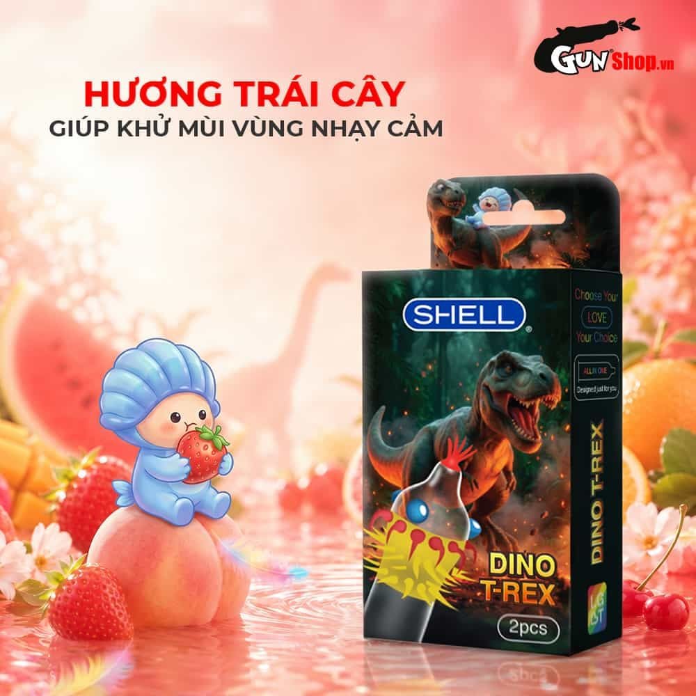 Bao cao su Shell Dino T-rex - Hộp 1 bao nhiều vòng gai, bi nổi lớn + 1 bao Shell Performax (Hộp 2 cái)