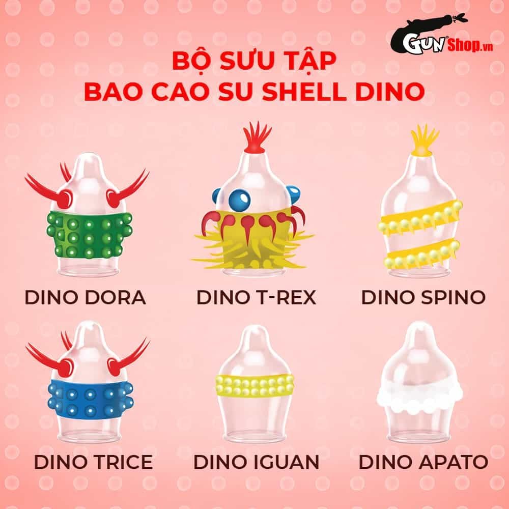 Bao cao su Shell Dino T-rex - Hộp 1 bao nhiều vòng gai, bi nổi lớn + 1 bao Shell Performax (Hộp 2 cái)
