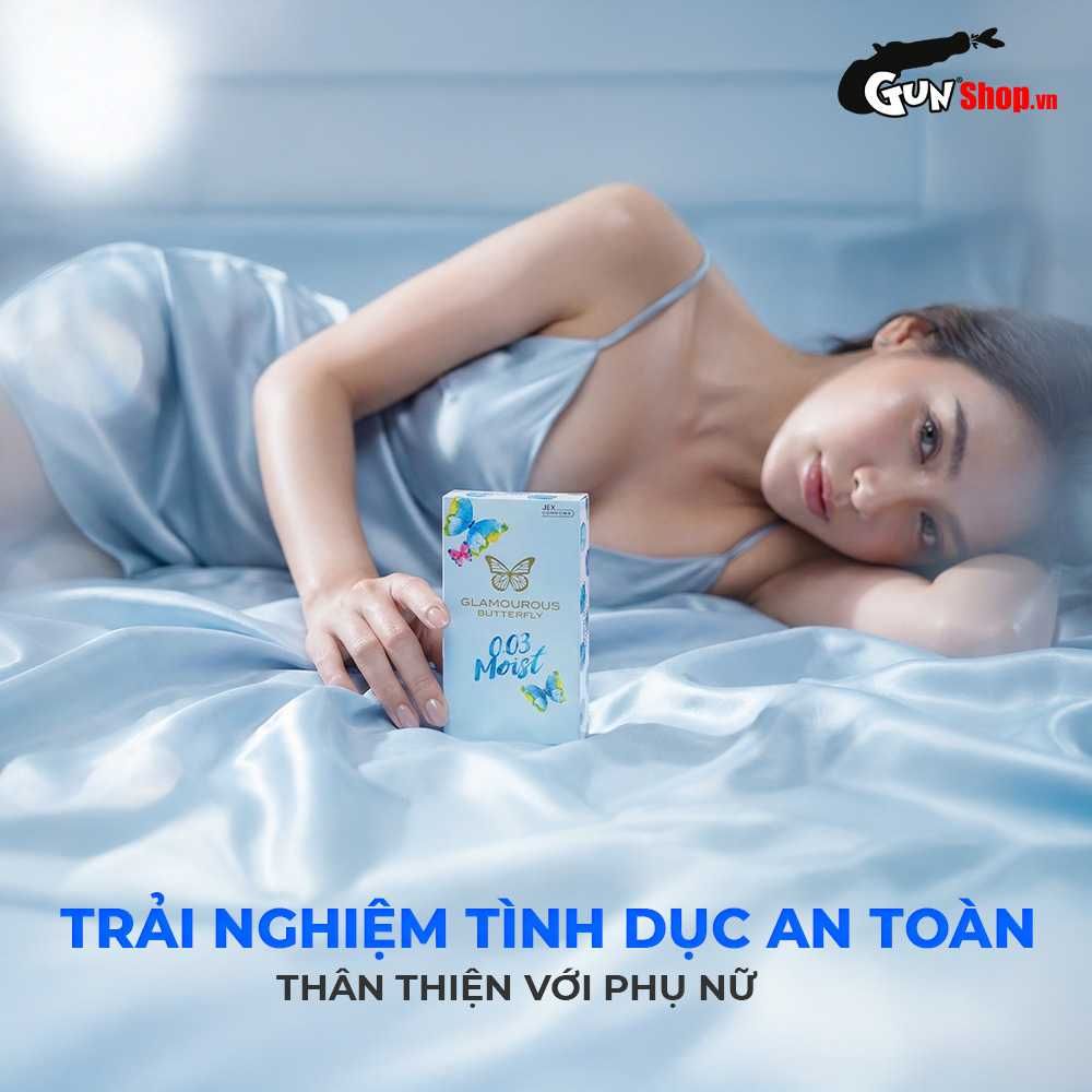 Bao cao su JEX Glamourous Butterfly 0.03 Moist - Siêu mỏng, vừa vặn, nhiều gel bôi trơn - Hộp 10 cái