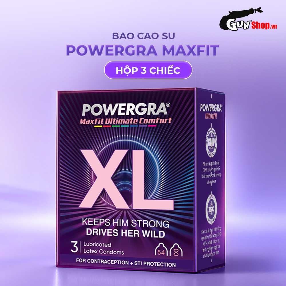 Bao cao su Powergra Maxfit - Size 54mm, siêu mỏng, kéo dài, hương dâu - Hộp 3 cái