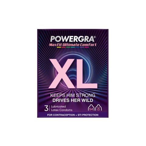 Bao cao su Powergra Maxfit - Size 54mm, siểu mỏng, kéo dài, hương dâu - Hộp 3 cái