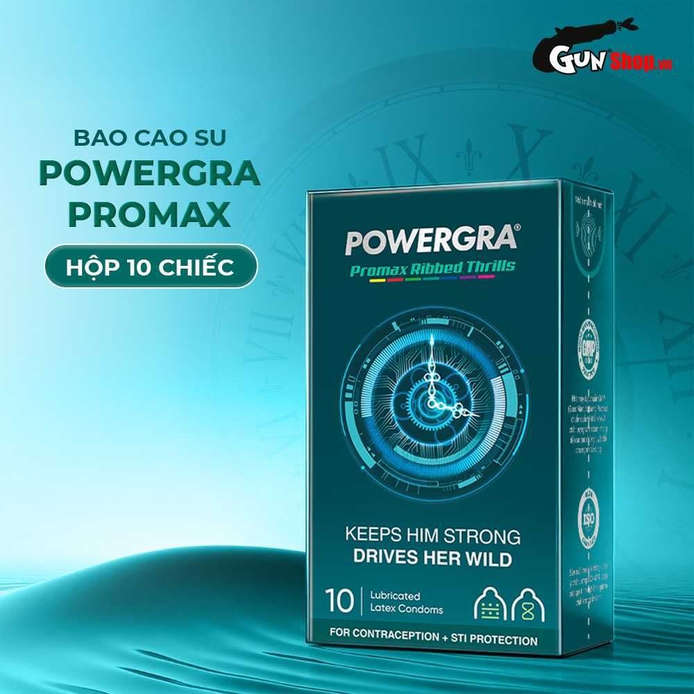 Bao cao su Powergra Promax - Gân sọc và điểm nổi, kéo dài, hương trái cây - Hộp 10 cái