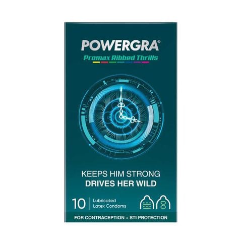Bao cao su Powergra Promax - Gân sọc và điểm nổi, kéo dài, hương trái cây - Hộp 10 cái