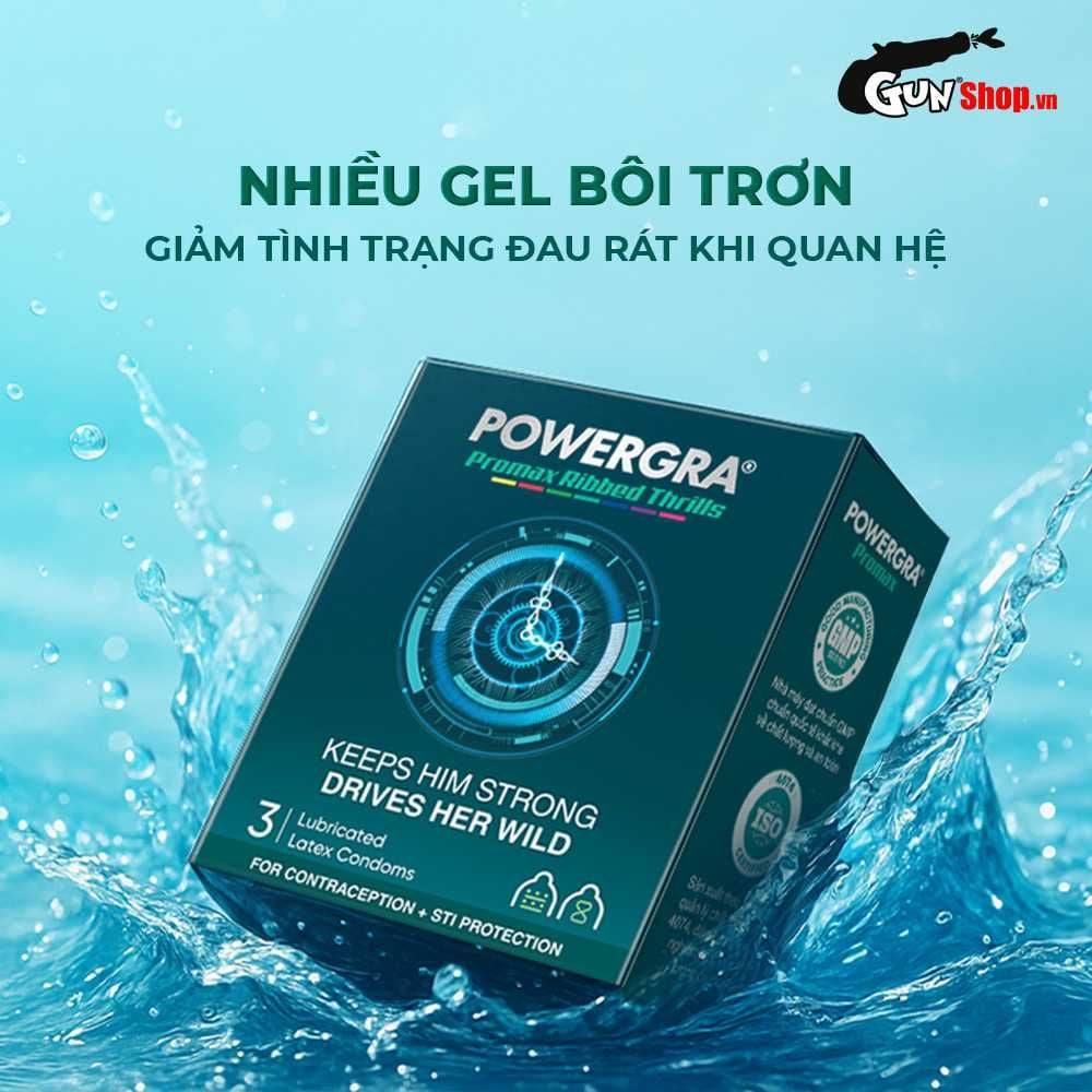 Bao cao su Powergra Promax - Gân sọc và điểm nổi, kéo dài, hương trái cây - Hộp 3 cái