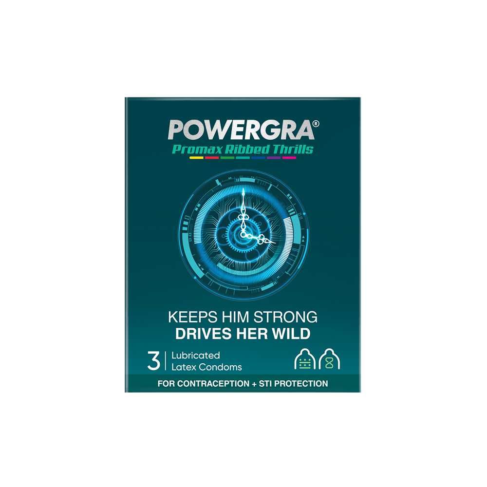 Bao cao su Powergra Promax - Gân sọc và điểm nổi, kéo dài, hương trái cây - Hộp 3 cái