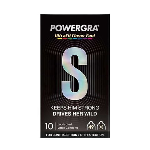 Bao cao su Powergra Ultrafit - Size 49mm, siêu mỏng, kéo dài, hương dâu - Hộp 10 cái