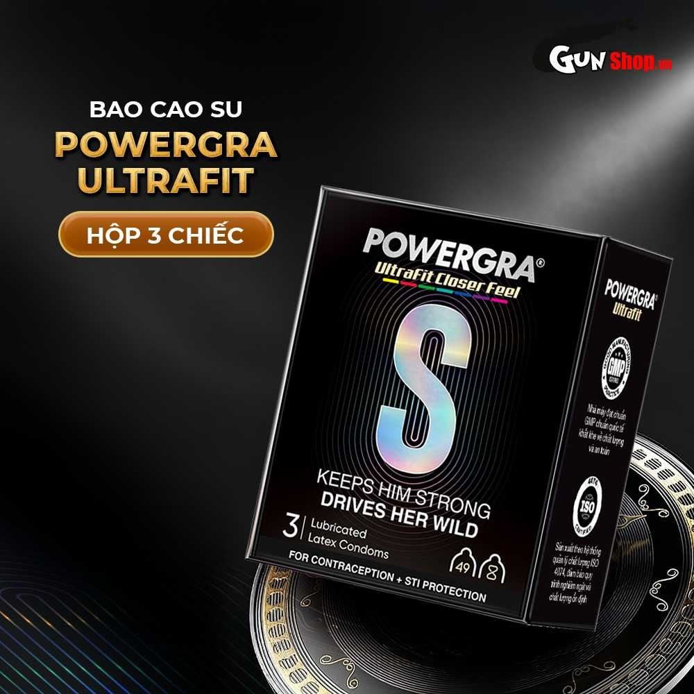 Bao cao su Powergra Ultrafit - Size 49mm, siêu mỏng, kéo dài, hương dâu - Hộp 3 cái