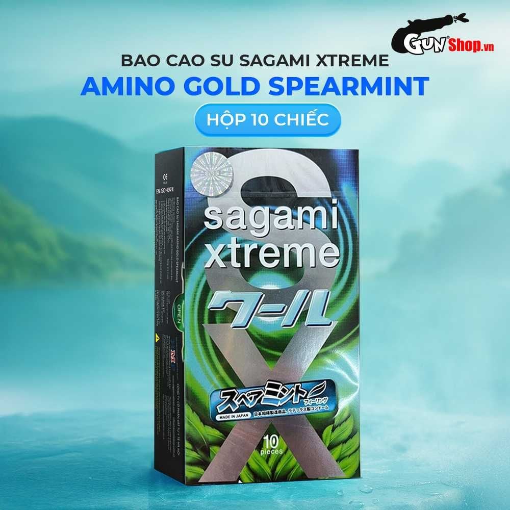 Bao cao su Sagami Xtreme Amino Gold Spearmint - Siêu mỏng, mát lạnh, hương bạc hà - Hộp 10 cái