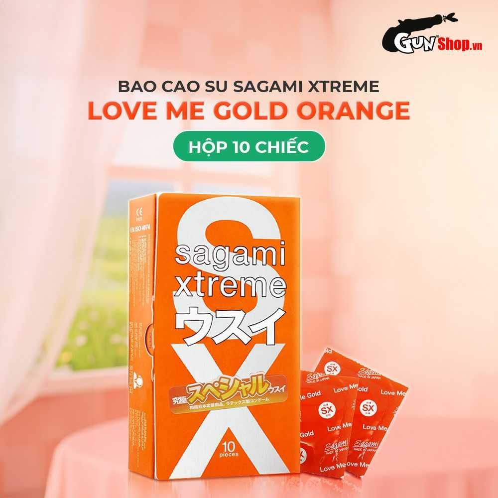 Bao cao su Sagami Xtreme Love Me Gold Orange - Siêu mỏng, nhiều gel bôi trơn - Hộp 10 cái
