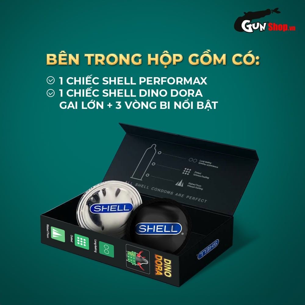 Bao cao su Shell Dino Dora - Hộp 1 bao gai, 3 vòng bi + 1 bao Shell Performax (Hộp 2 cái)