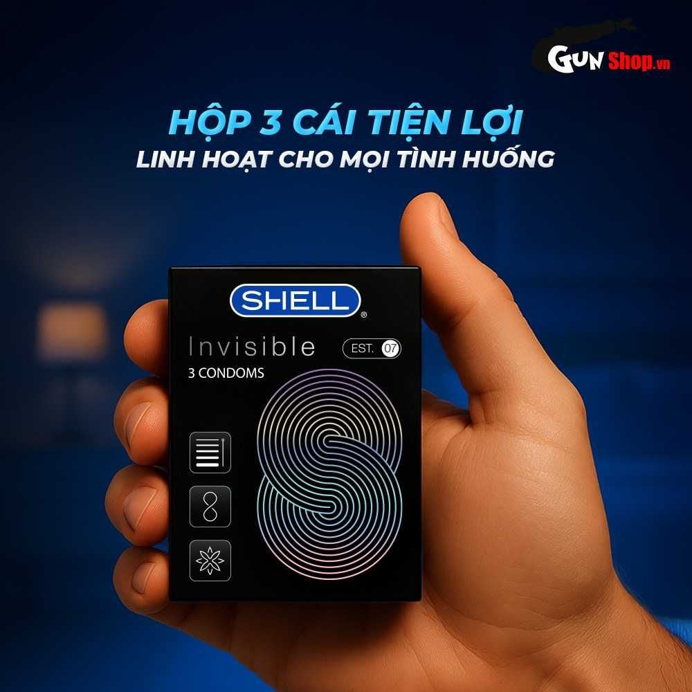 Bao cao su Shell Invisible - Siêu mỏng, chống tuột, kéo dài thời gian - Hộp 3 cái