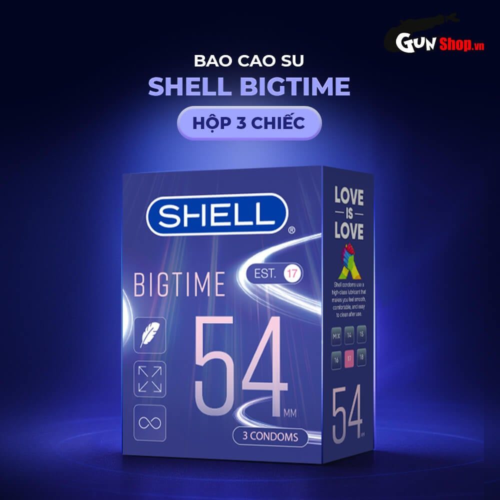 Bao cao su Shell Bigtime - Size 54mm, siêu mỏng, chống tuột, kéo dài thời gian - Hộp 3 cái