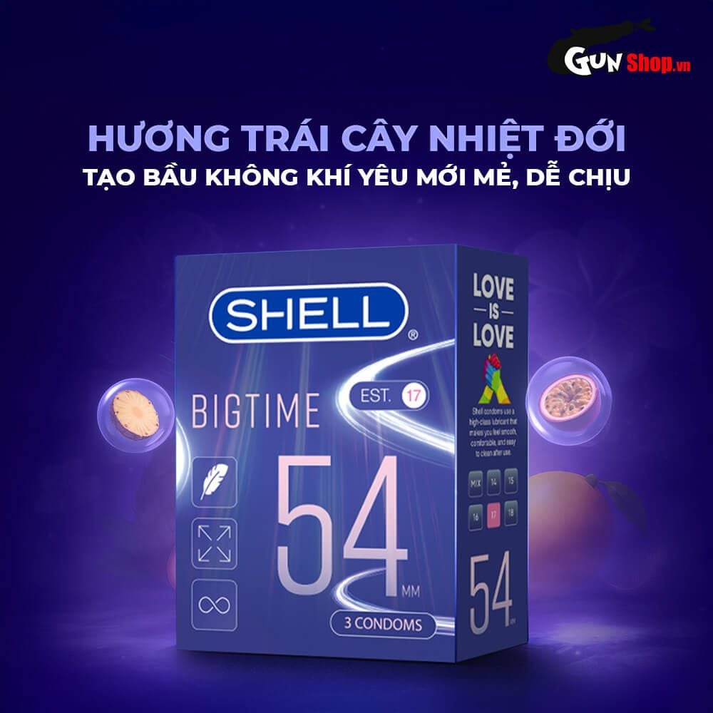 Bao cao su Shell Bigtime - Size 54mm, siêu mỏng, chống tuột, kéo dài thời gian - Hộp 3 cái