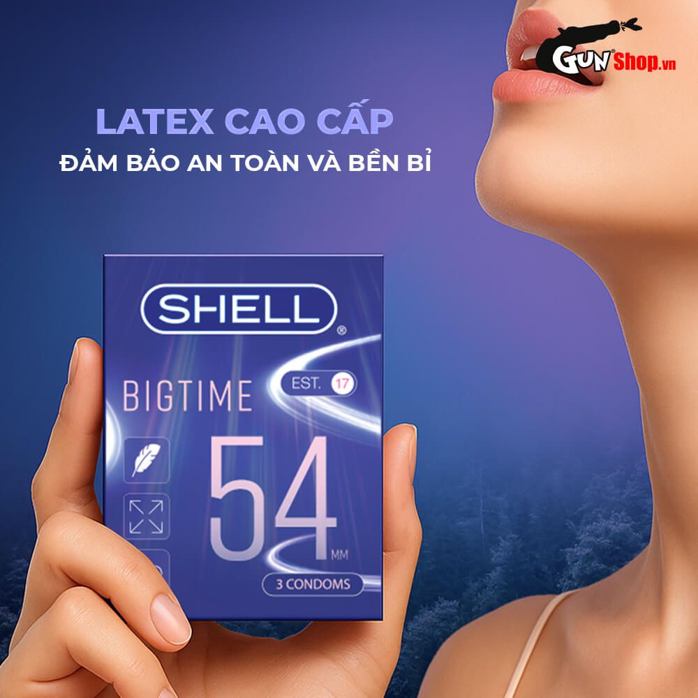 Bao cao su Shell Bigtime - Size 54mm, siêu mỏng, chống tuột, kéo dài thời gian - Hộp 3 cái