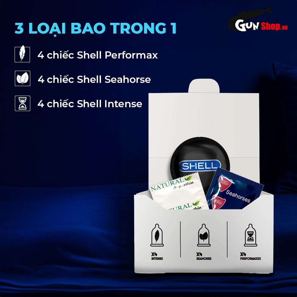 Bao cao su Shell Triple Mix - Siêu mỏng, mát lạnh, gân gai - Hộp 12 cái