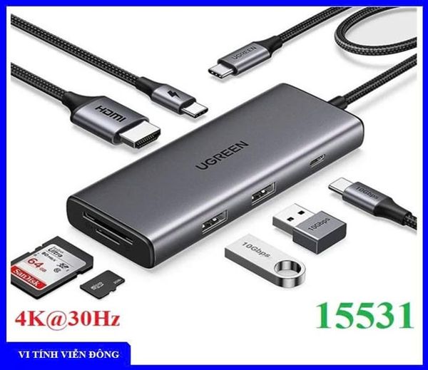 Hub USB Type-C 7 trong 1 --> HDMI 4K@30Hz, USB Type-C, USB-A 3.2, SD/TF, Sạc PD 100W Ugreen 15531