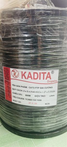 Cáp Kadita Dropwire 4 lõi 1 tim Cat3 FPT Gia cường 500M / cuộn (QC: 2x2x(1x0.42)Cu + (7x0.33)St)