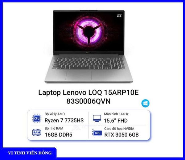 Máy tính xách tay Lenovo LOQ 15ARP10E [ 83S0006QVN ] ( CPU AMD Ryzen 7 7735HS/ Ram 16GB DDR5-4800 / SSD 512GB M.2 2242 PCIe 4.0x4 NVMe / VGA NVIDIA GeForce RTX 3050 6GB GDDR6 / 15.6 inch FHD IPS 144Hz / Windows 11 Home )
