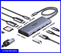 Hub đa năng 10 in 1 Type C --> Type C PD+USB-A 3.2+USB-A 3.0+2xUSB-C 3.2+2xHDMI+LAN+SD/TF hỗ trợ 4K Ugreen (45380)