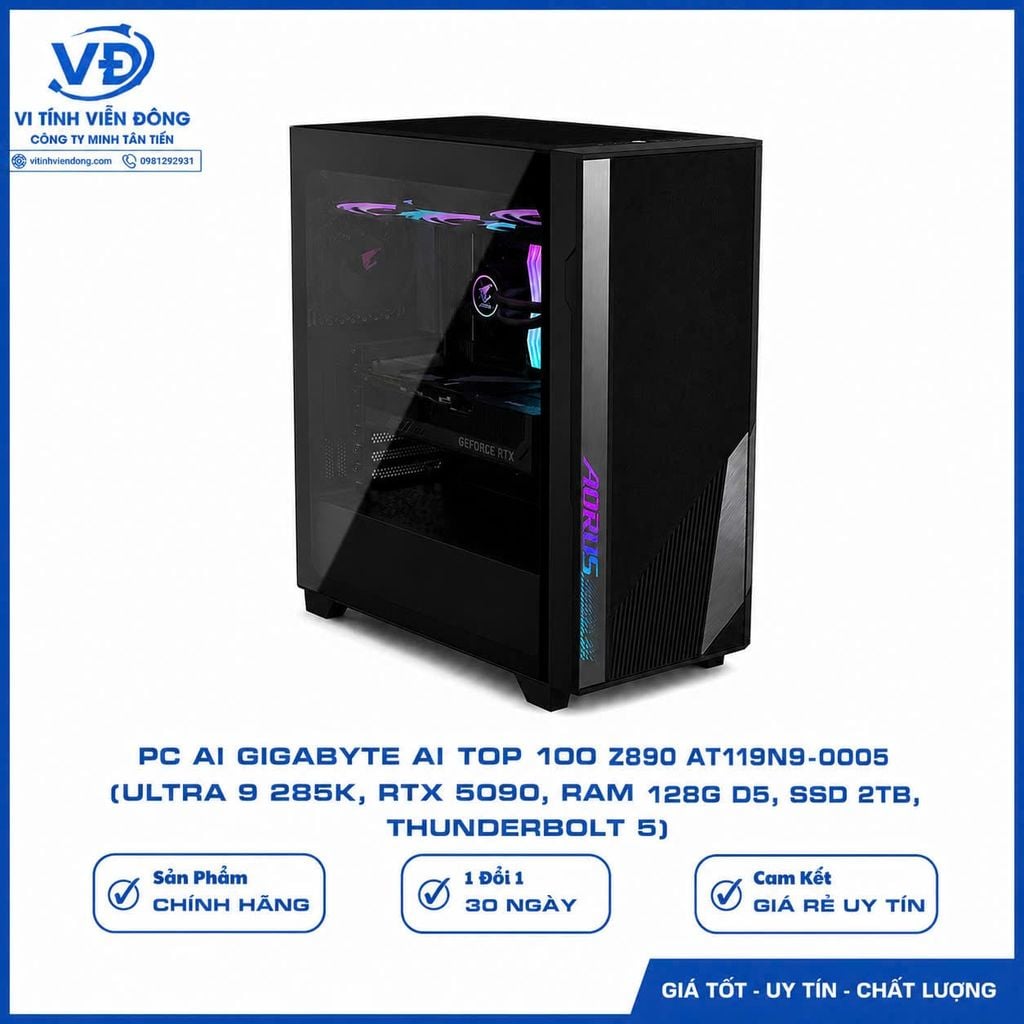 PC GIGABYTE AI TOP 100 Z890 (AT1I9N9-0005) (Z890/ Ultra 9 285K/ AIO 360/ 128GB (32GBx4) DDR5/ SSD Gen4 2TB/ SSD Gen4 320GB/ RTX 5090 32GB/ PSU 1600W 80 Plus Platinum/ WF7/ BT/ Black)