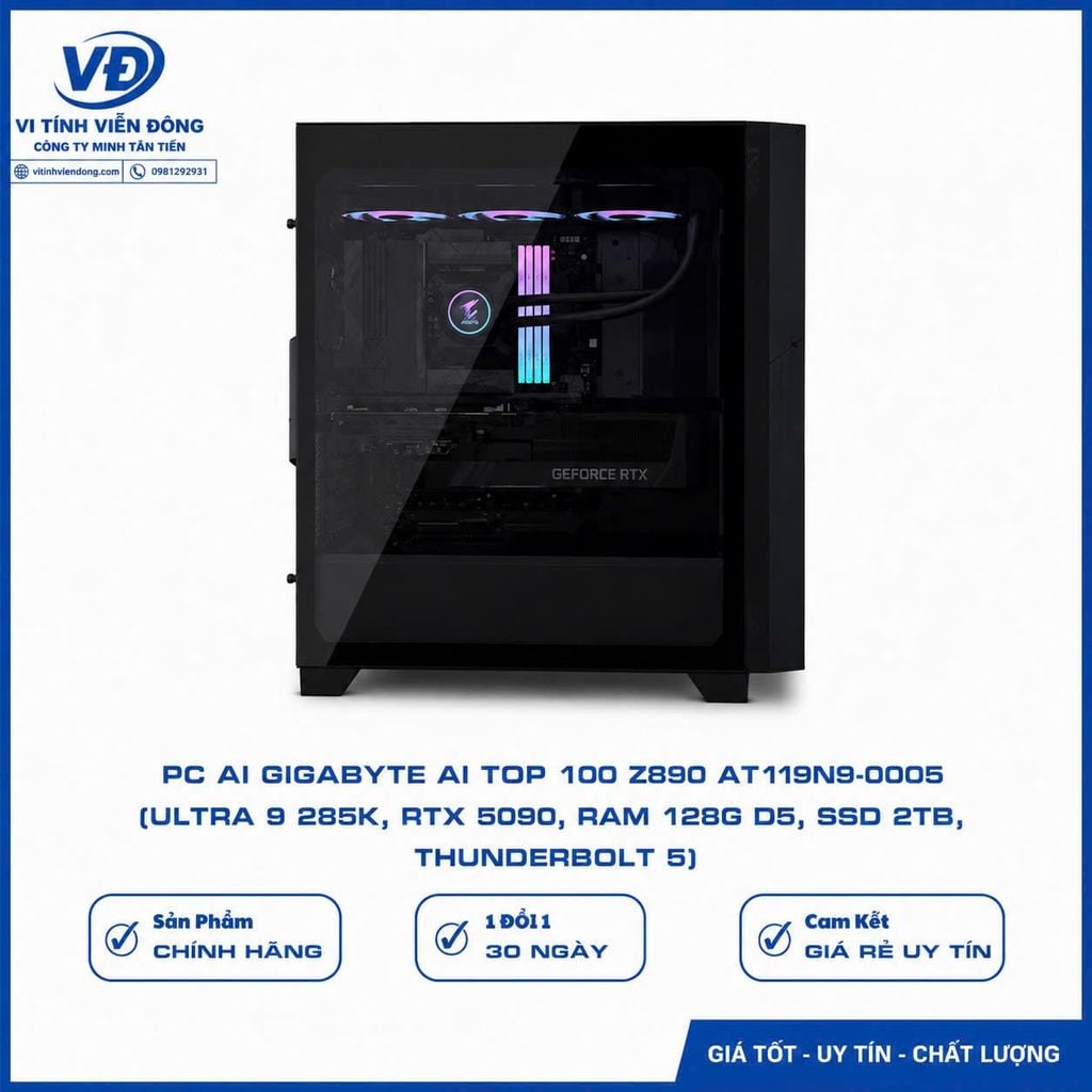 PC GIGABYTE AI TOP 100 Z890 (AT1I9N9-0005) (Z890/ Ultra 9 285K/ AIO 360/ 128GB (32GBx4) DDR5/ SSD Gen4 2TB/ SSD Gen4 320GB/ RTX 5090 32GB/ PSU 1600W 80 Plus Platinum/ WF7/ BT/ Black)