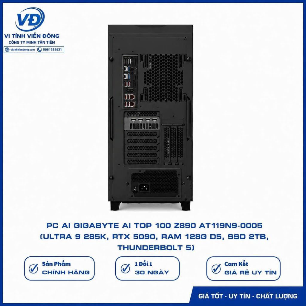 PC GIGABYTE AI TOP 100 Z890 (AT1I9N9-0005) (Z890/ Ultra 9 285K/ AIO 360/ 128GB (32GBx4) DDR5/ SSD Gen4 2TB/ SSD Gen4 320GB/ RTX 5090 32GB/ PSU 1600W 80 Plus Platinum/ WF7/ BT/ Black)