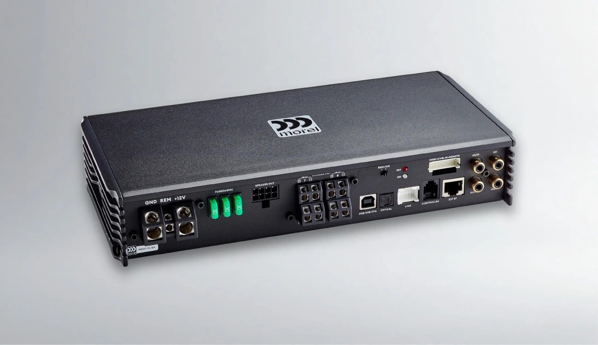 Amply tích hợp DSP Morel MDSP10/8A 8 kênh với cổng nguồn, cổng loa, USB, quang và RCA