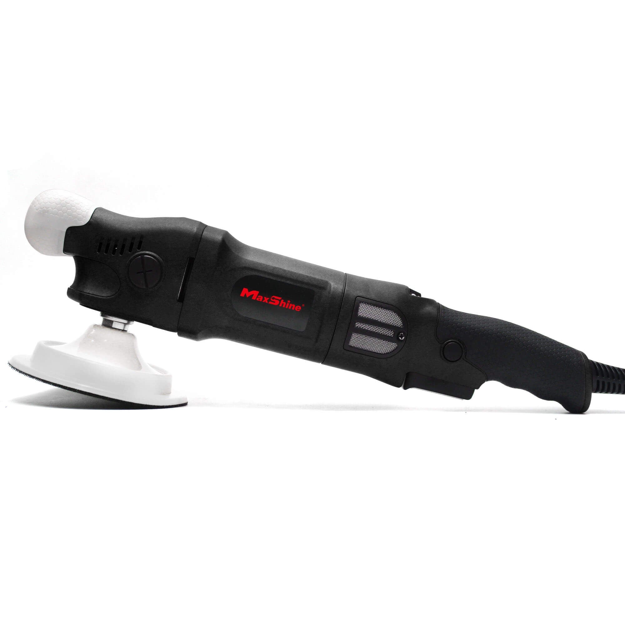 Thân máy Maxshine M1000 nhìn ngang với đế đánh bóng trắng gắn trục M14