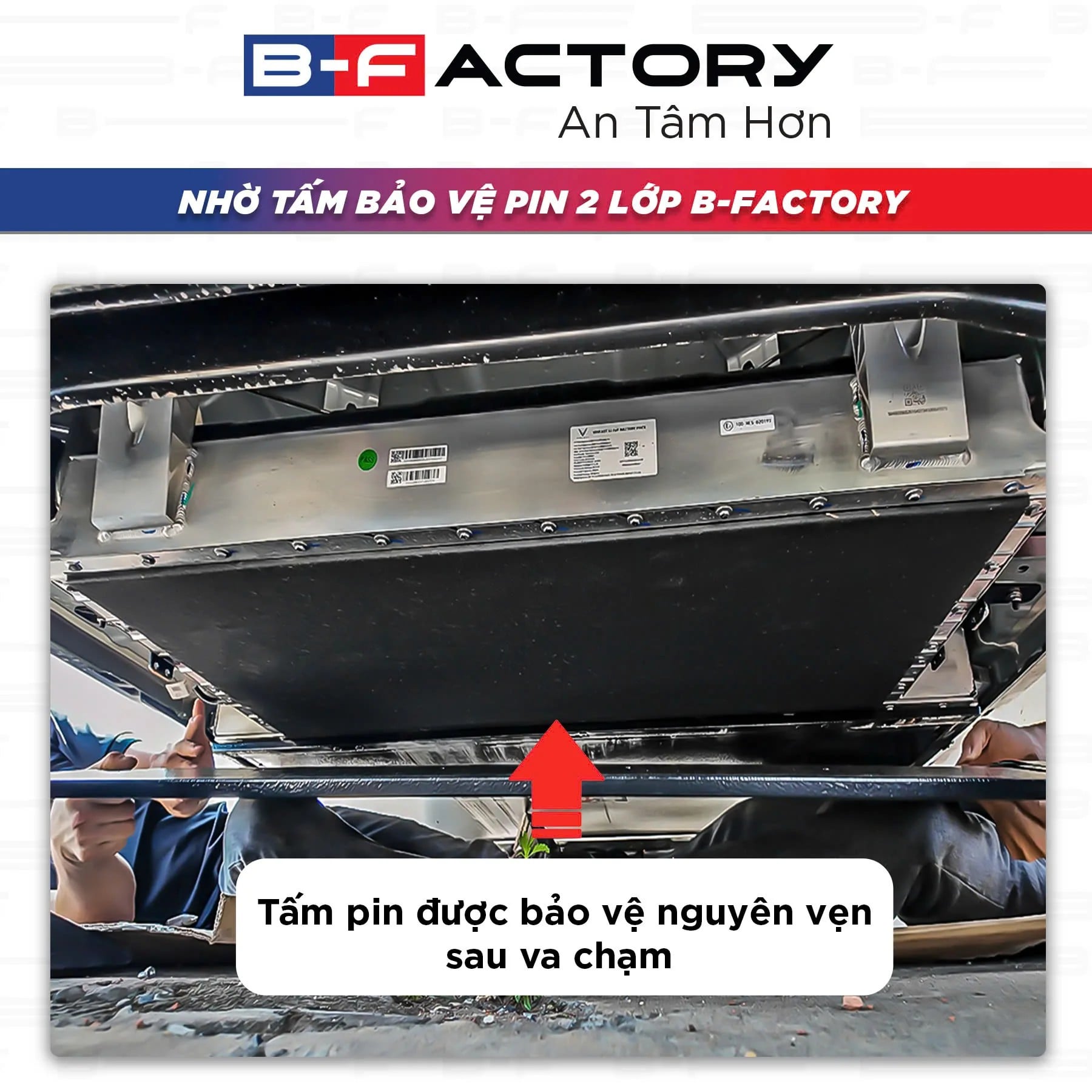 Mặt dưới pin VinFast VF7 được giữ nguyên nhờ tấm bảo vệ 2 lớp B-Factory hấp thụ va chạm