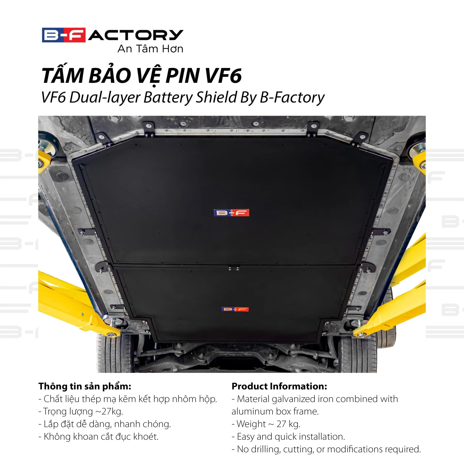 Tấm bảo vệ pin 2 lớp VinFast VF7 B-Factory nhìn từ dưới gầm, trọng lượng khoảng 27 kg
