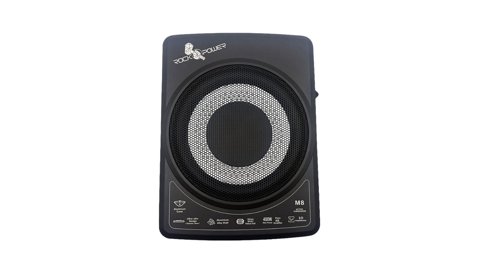 Mặt trên sub Rock Power M8 với logo hãng, nhãn màng nhôm, vỏ hợp kim nhôm, voice coil 35 mm, 400W và 3 ohm