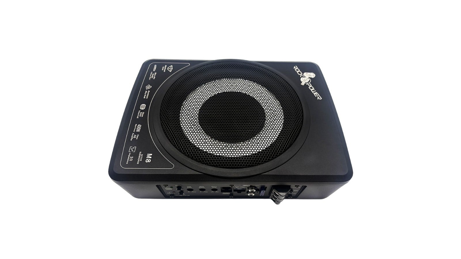 Mặt cổng của sub Rock Power M8 gồm núm low pass, bass boost, input gain, cổng remote, ngõ vào high level, RCA và cọc nguồn