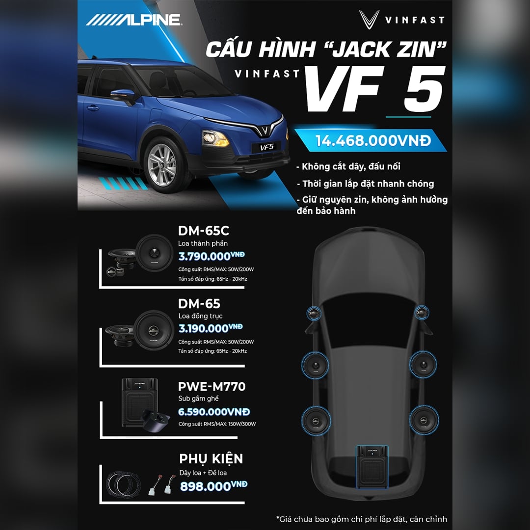 Cau hinh am thanh Alpine VinFast VF5 buoc 2 sub gam ghe PWE-M770