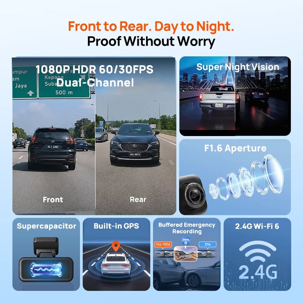 70mai A210 ghi hình 2 kênh Full HD 1080P 60FPS trước và sau