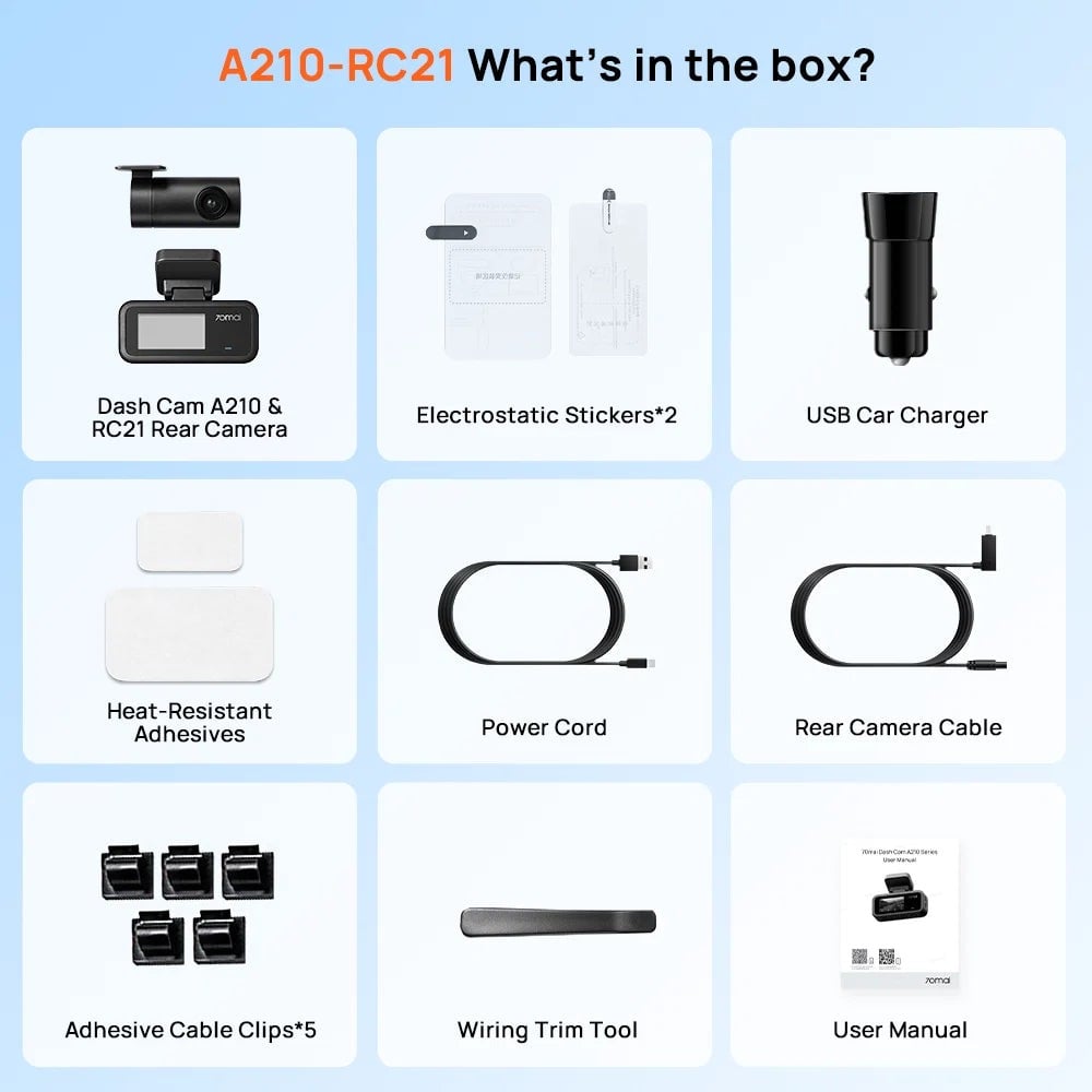 Phụ kiện đầy đủ trong hộp bộ camera hành trình 70mai A210 kèm camera sau RC21