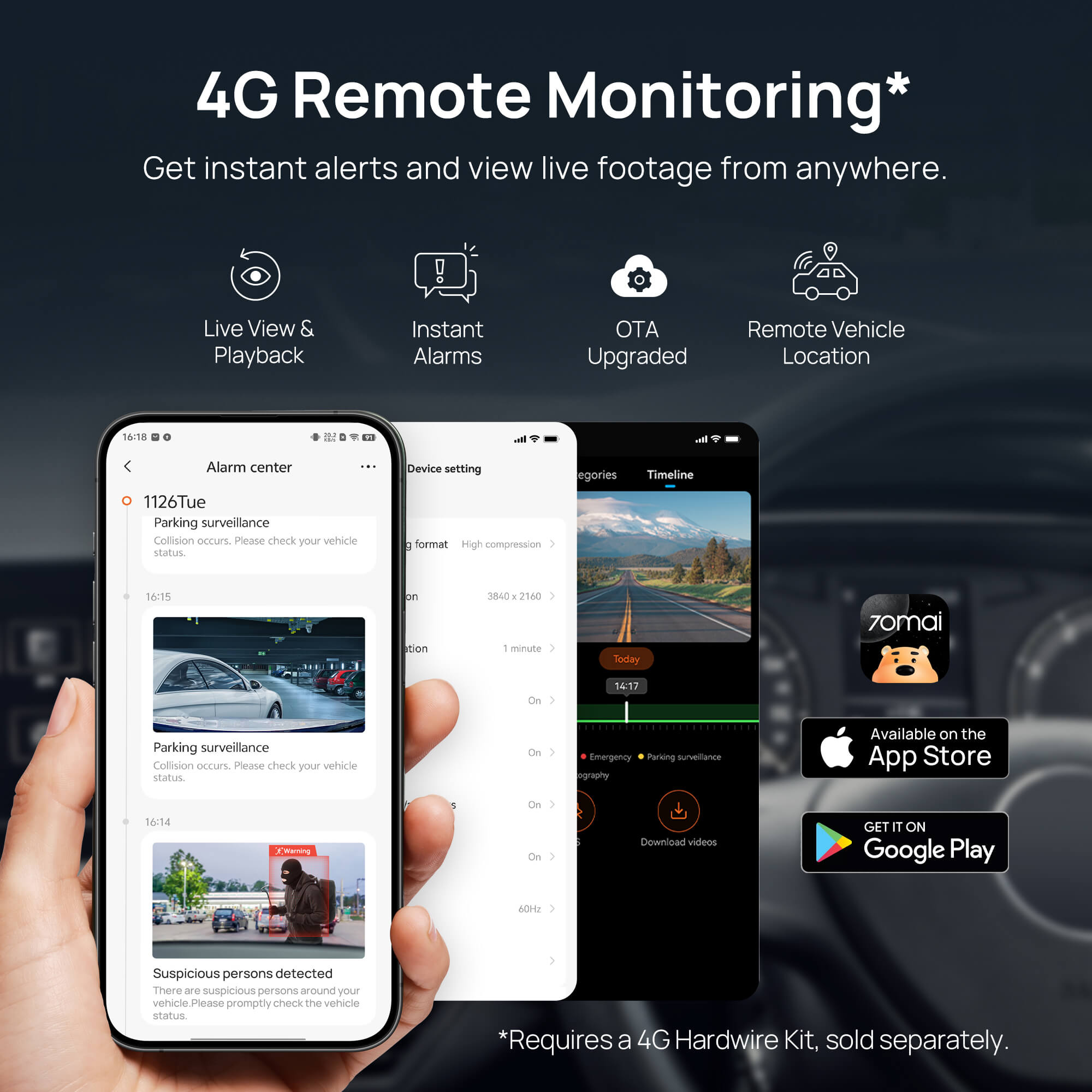 70mai A810S kết nối 4G giám sát xe từ xa, xem trực tuyến, theo dõi điện áp ắc quy