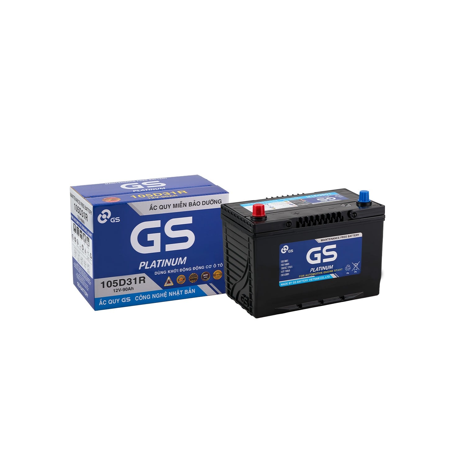 Ắc quy GS Platinum 105D31R 90Ah cùng hộp chính hãng khi giao
